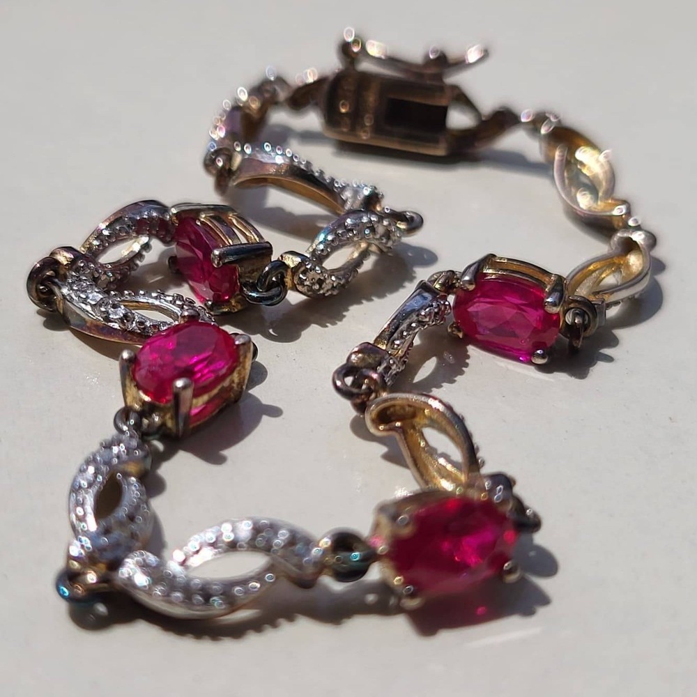 Vintage Link Bracelet 7.5in Red Gold 925 Silver Lab Ruby Infinity Tennis